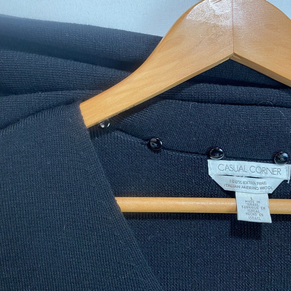 Casual Corner Black Merino Wool Sweater Knit Shawl Collar Tie Size L - Picture 4 of 9